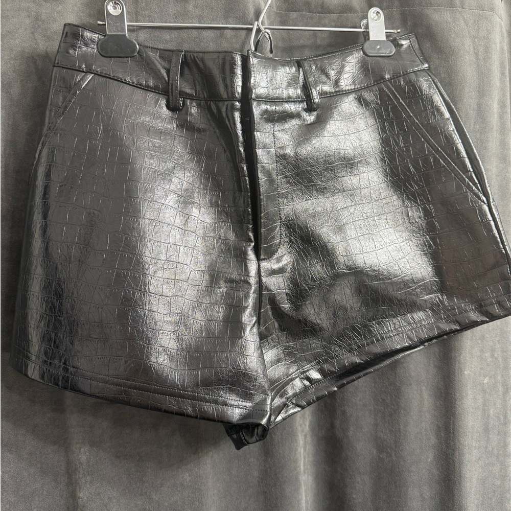 Black Croc-Embossed Leather Shorts